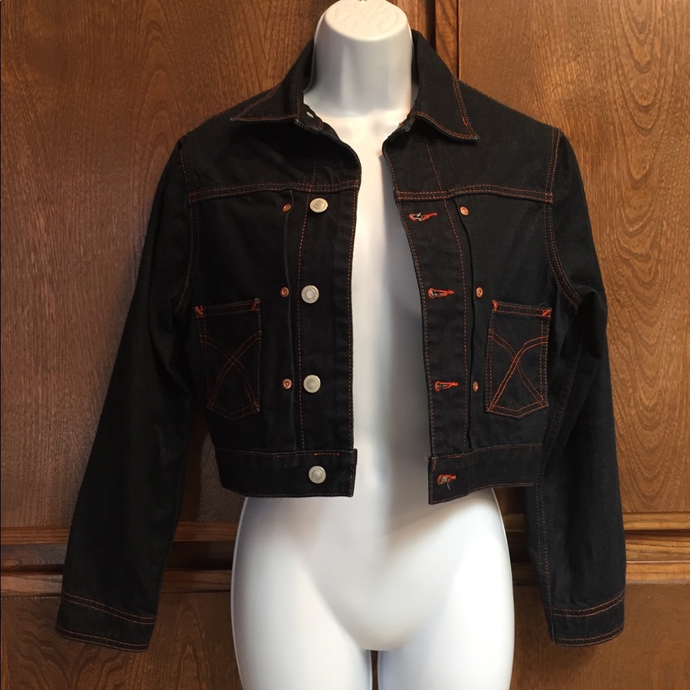 Black Denim Crop Jacket with Orange Stitching
